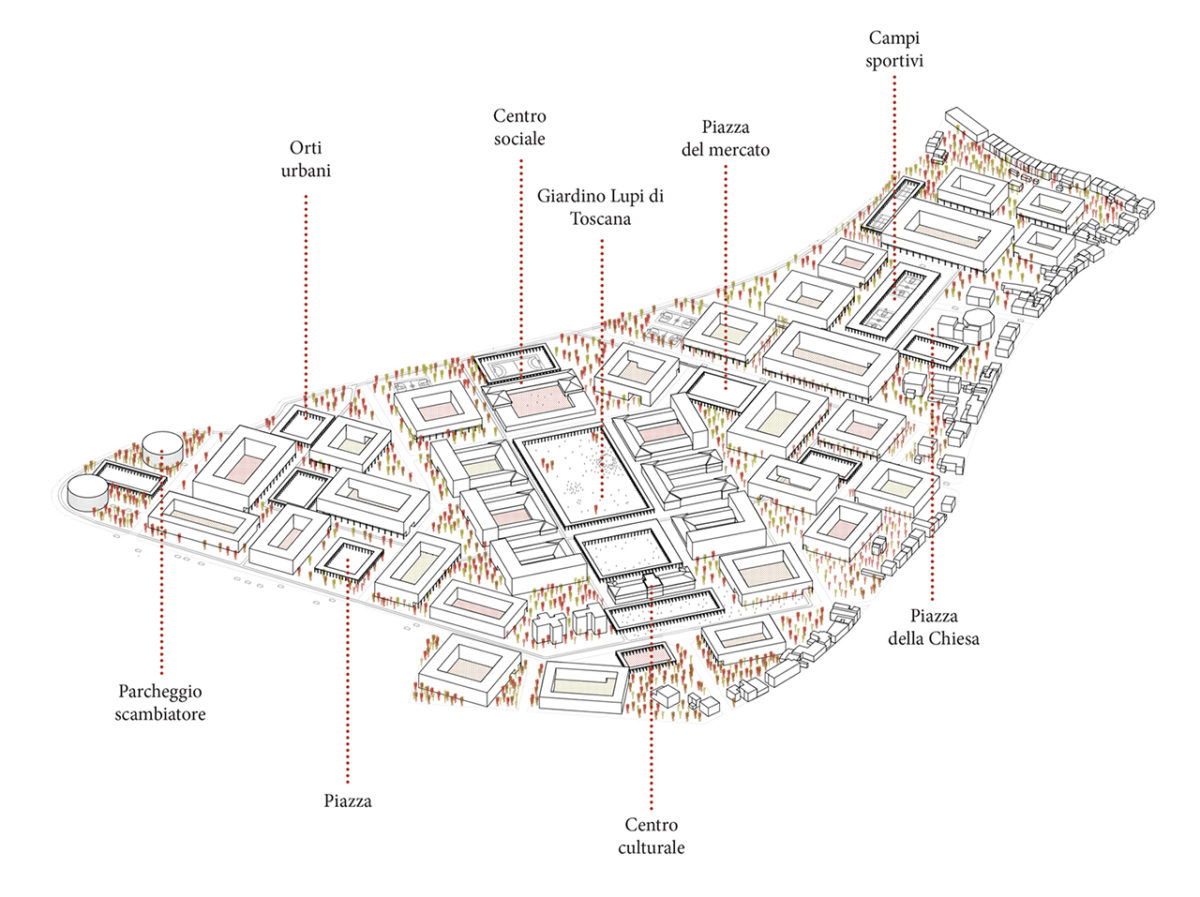 Axonometric view with diverse plazas and public uses