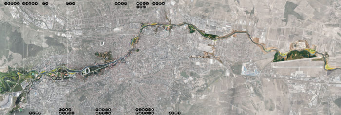 Plan of the masterplan that shows the whole river Somes as it goes through the city of Cluj-Napoca